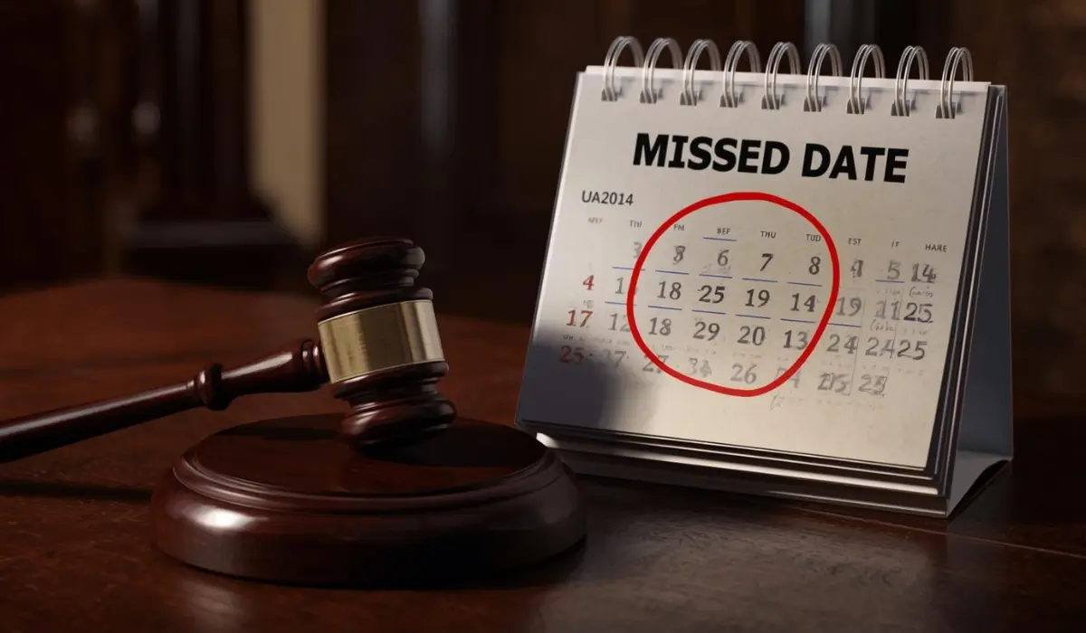Calendar with missed court date circled in red beside gavel showing legal urgency and court consequences.