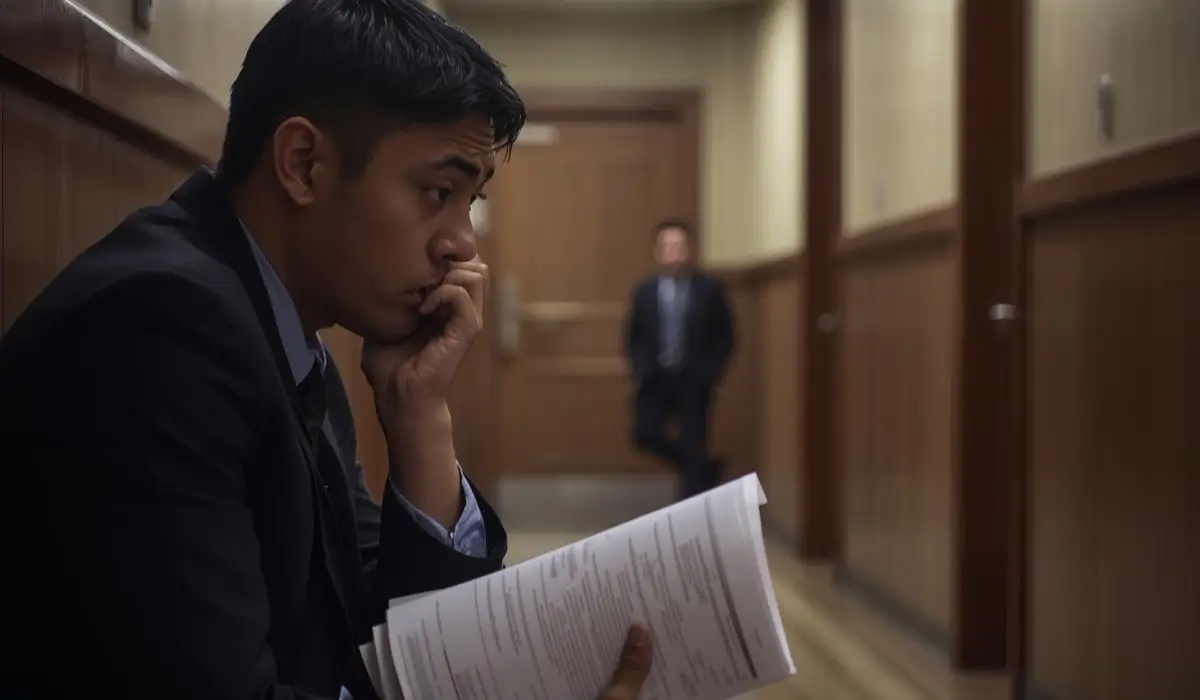 Man waiting outside courtroom after missed court date, holding documents with visible anxiety in hallway setting.