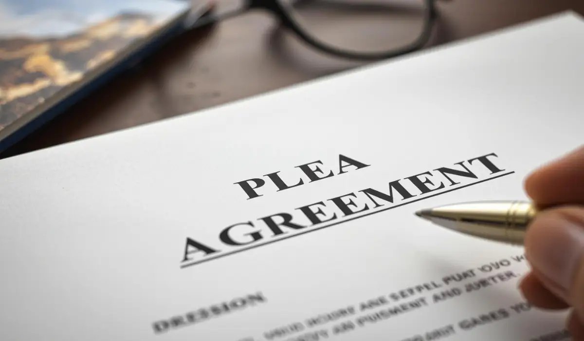 Plea deal agreement document being reviewed and signed by defendant during criminal case process.