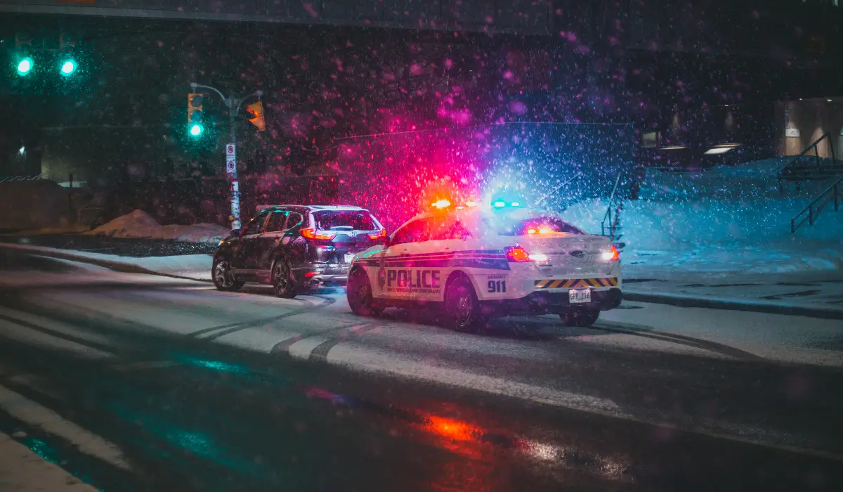 Holiday arrests during a snowy night traffic stop in Illinois with police car lights flashing.