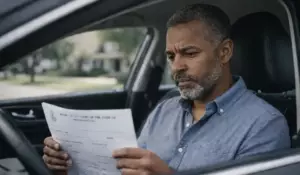 Middle-aged man sitting in his car reviewing court paperwork after a First-Time DUI charge in Naperville