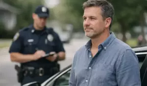 Man standing calmly during police questioning in Illinois traffic stop Without a Lawyer