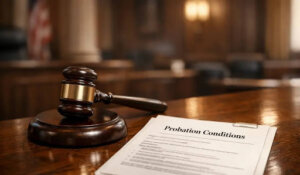 Judge gavel and probation conditions document on courtroom bench during a probation violation hearing in court
