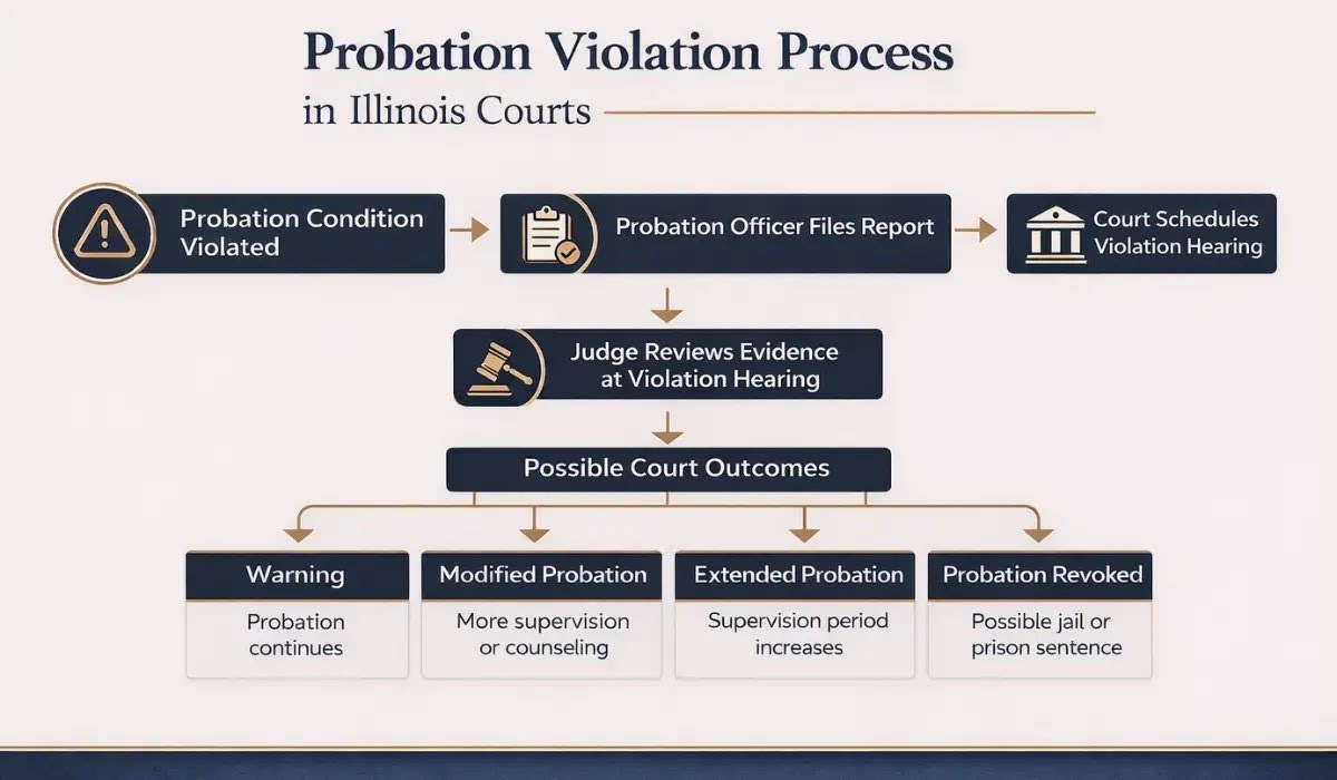 Probation violation process infographic showing how Illinois courts review violations and possible outcomes including warning, modified probation, or revoked probation