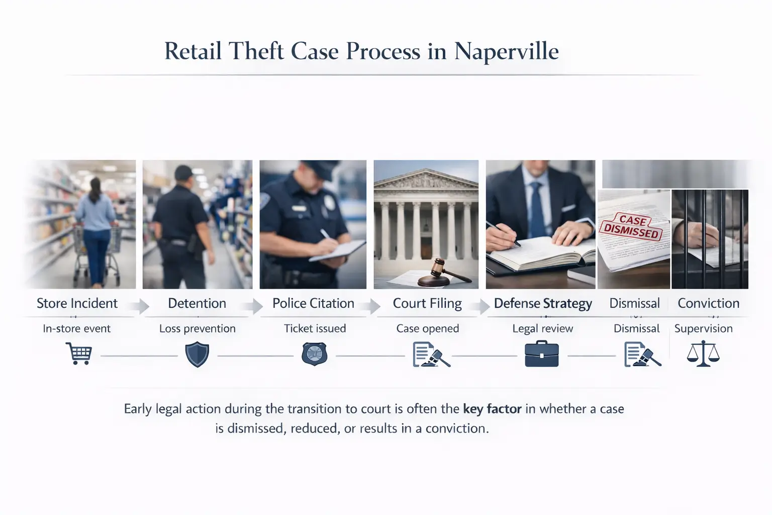Retail theft case process in Naperville showing how theft charges progress from store incident to detention, police citation, court filing, defense strategy, and final outcomes including dismissal, supervision, or conviction