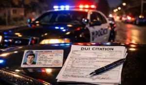 Teen DUI arrest citation and driver license during Illinois police traffic stop at night