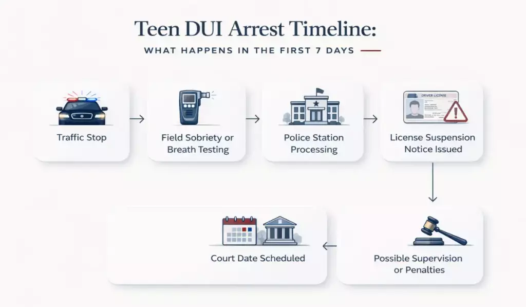 Teen DUI arrest timeline showing traffic stop, field sobriety testing, police station processing, license suspension notice, court date, and possible penalties