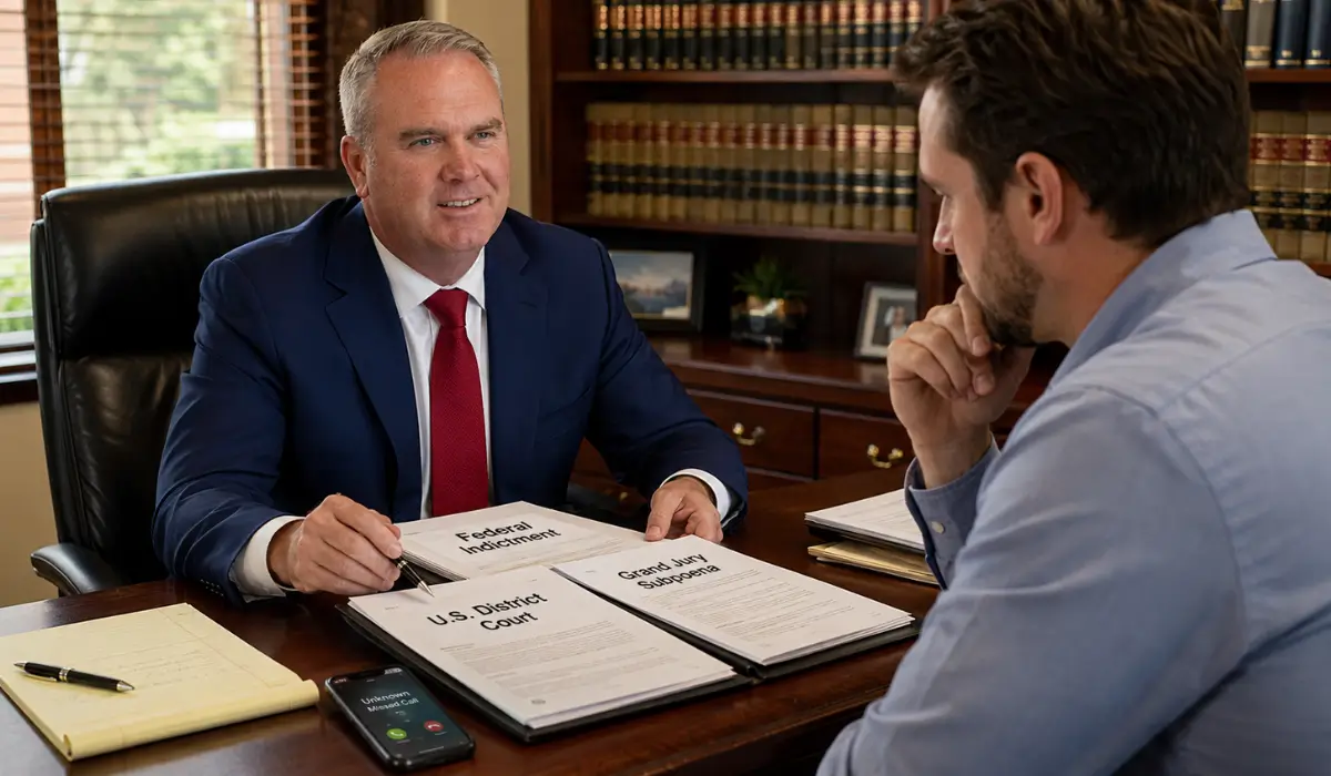Attorney John W. Callahan reviews federal indictment, grand jury subpoena, and U.S. District Court documents with a client facing Federal Charges in Naperville while discussing defense strategy.