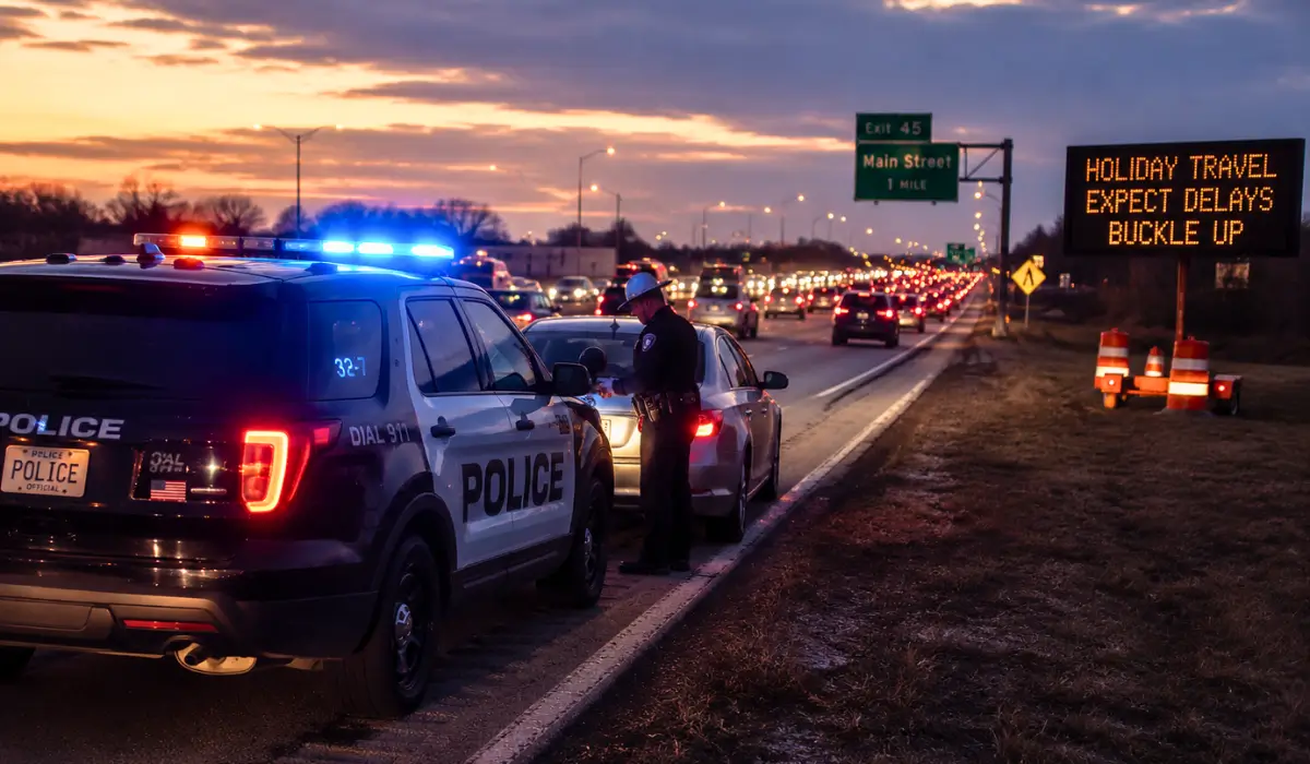 Memorial Day DUI traffic stop during Illinois holiday weekend enforcement with police vehicle and driver roadside encounter.