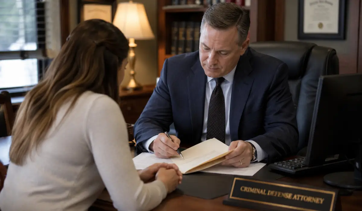 Criminal defense attorney meeting with a client to explain a bench warrant in DuPage County and discuss legal options after a missed court appearance.