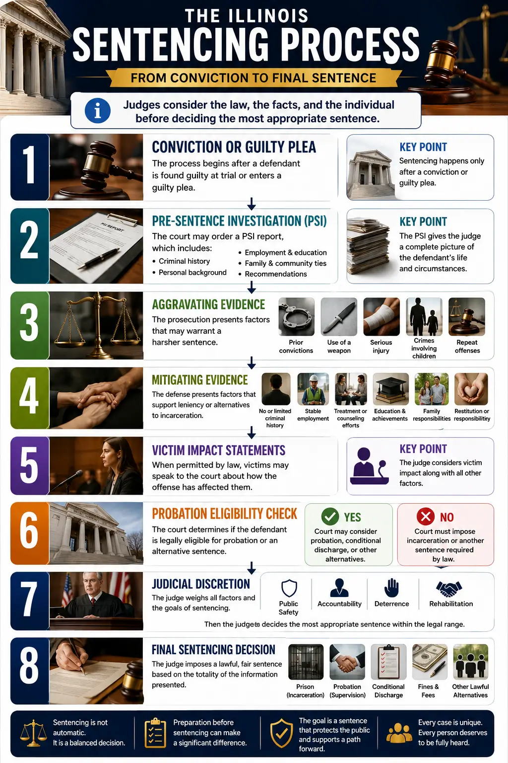 Flowchart illustrating the Illinois sentencing process from conviction or guilty plea through pre-sentence investigation, aggravating and mitigating factors, probation eligibility, judicial discretion, and the final sentencing decision.