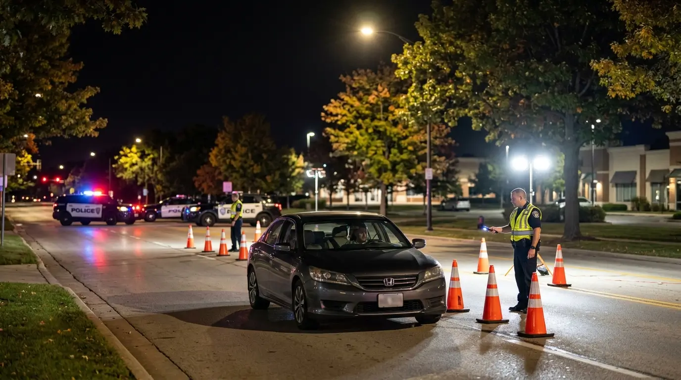 Driver approaching a nighttime DUI checkpoint on a suburban roadway
