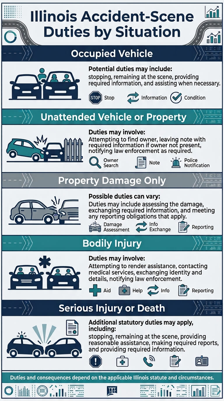 Illinois accident-scene duties infographic comparing property damage, unattended vehicles, bodily injury, and serious crashes