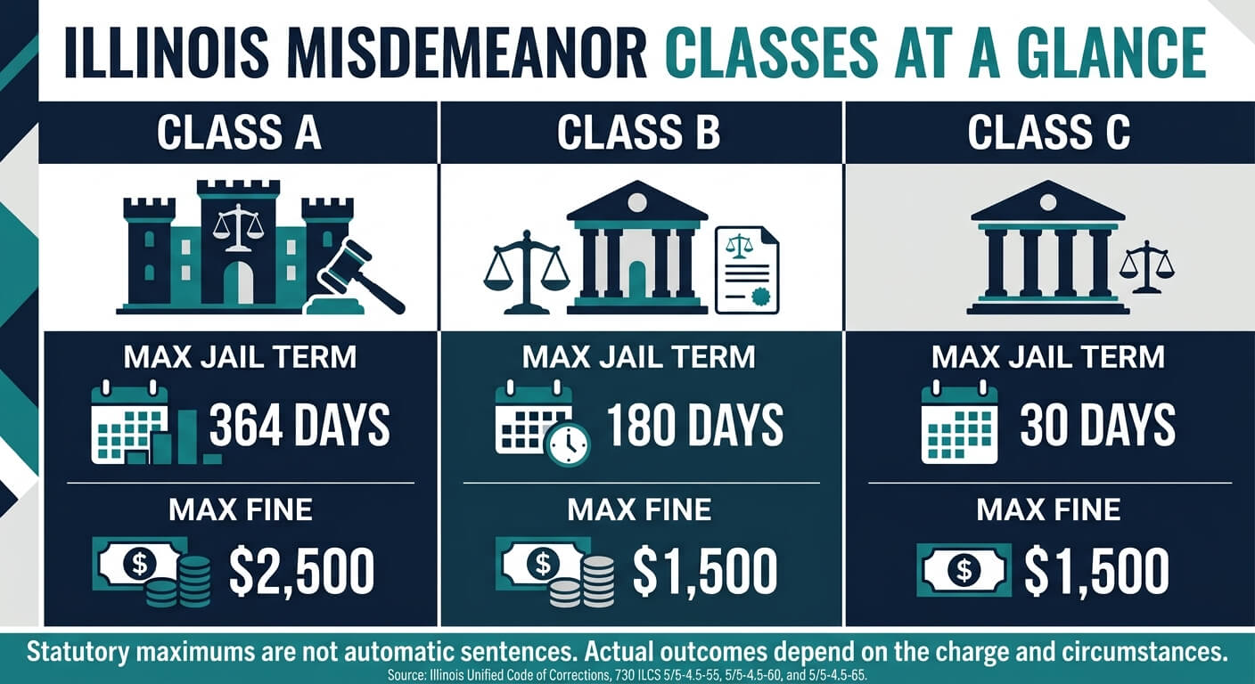 Illinois misdemeanor classes chart comparing maximum jail time and fines for Class A, B, and C misdemeanors.